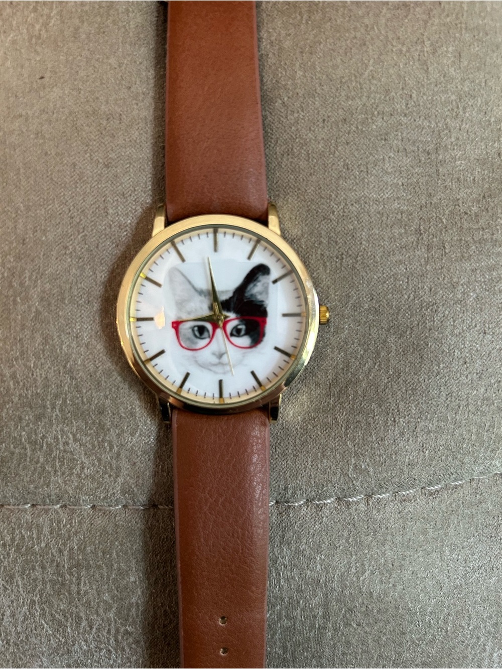 Cat Face Watch with Red Glasses on Brown Strap